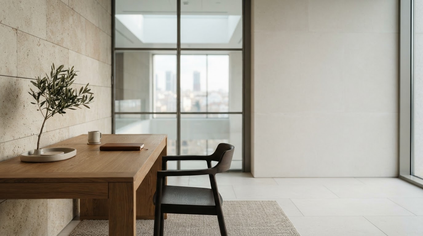 AUDAX Capital — textura de piedra caliza con iluminación natural lateral, ambiente sereno de trabajo remoto